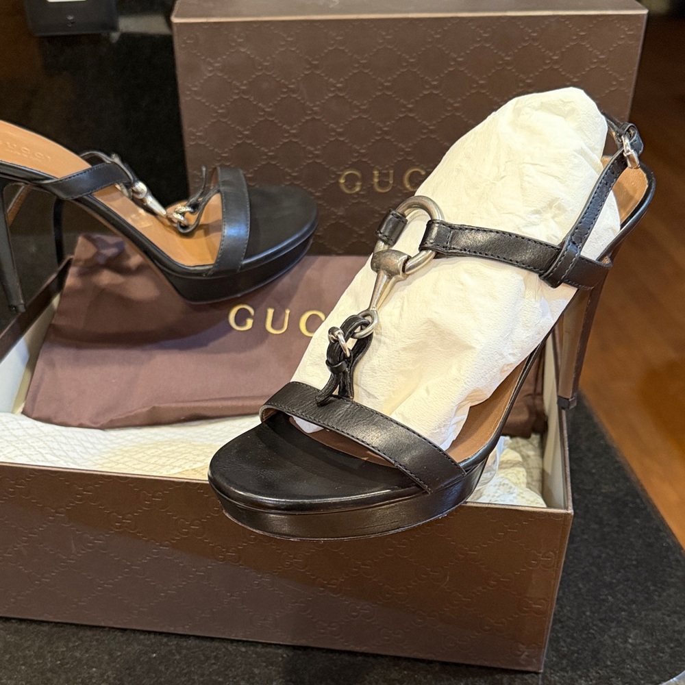 AUTHENTIC Gucci Black Leather Horsebit Platform Stiletto Sandals
